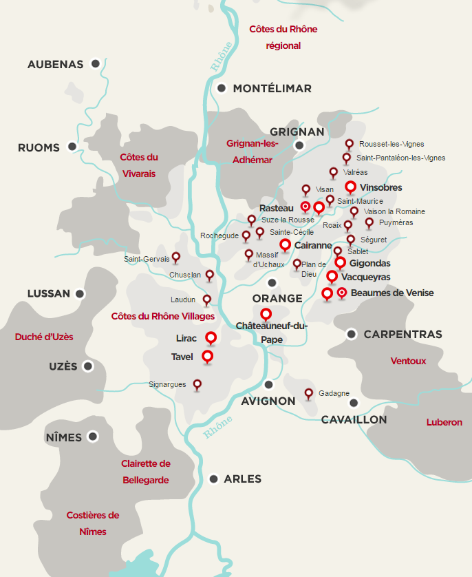 Map of the southern Rhône wine regions