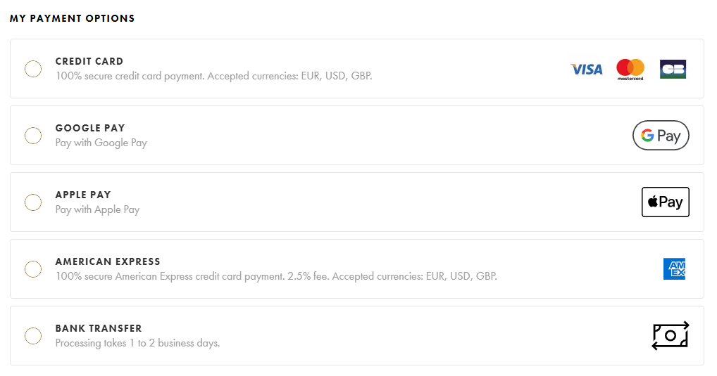 the different ways you can pay for wine on iDealwine: 
credit card
google pay
apple pay
American Express 
Bank transfer
