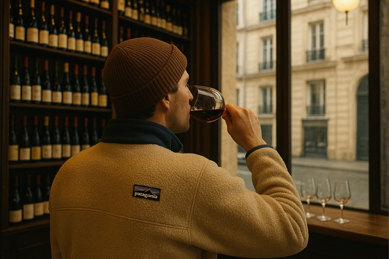 A person drinking wine in a city centre wine bar