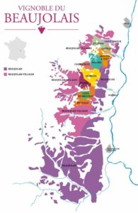 Map depicting the Beaujolais wine region and the 10 Beaujolais crus