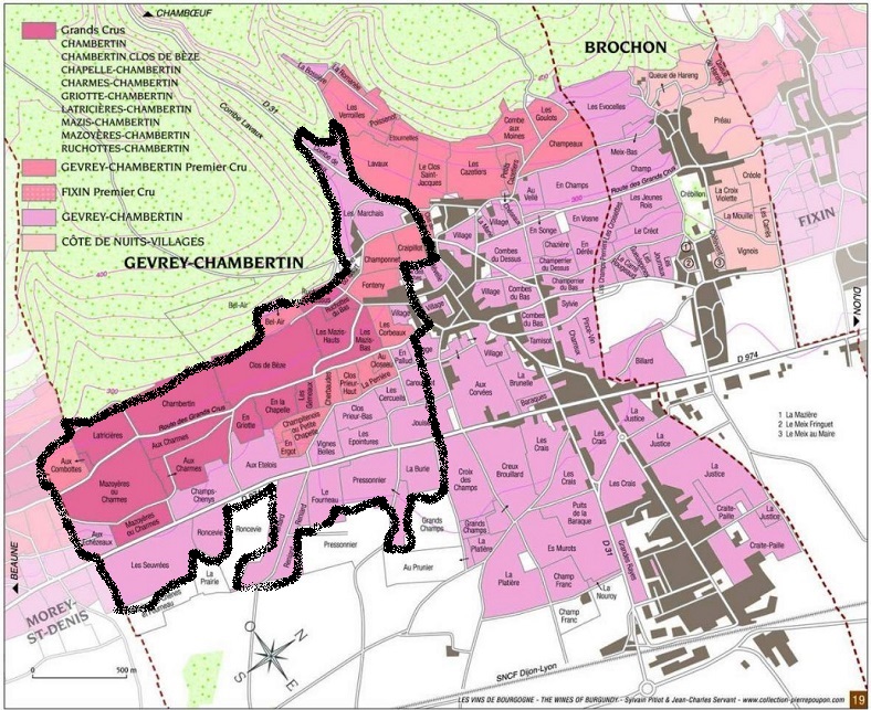 Gevrey Chambertin vineyard map highlighting the grand cru vineyards