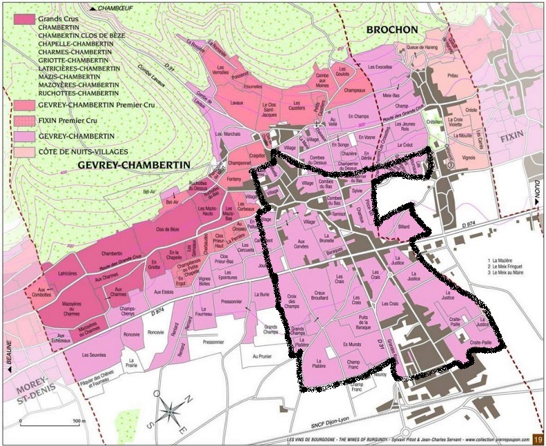 Map of Gevrey Chambertain vineyards highlighting the Lavaux Valley