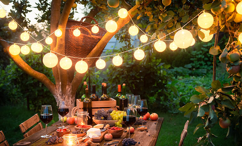 bottles of wine and barbecue in the evening in summer