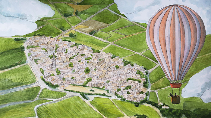 Bordeaux at pleasing prices on iDealwine - drawing of hot air balloon over Saint-Emilion