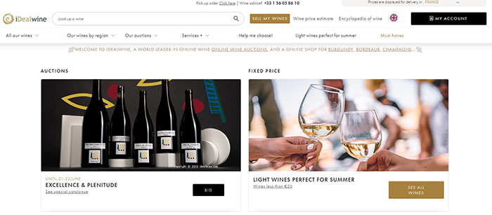 The view of iDealwine's homepage where you can buy wine in auctions and fixed price sales.
