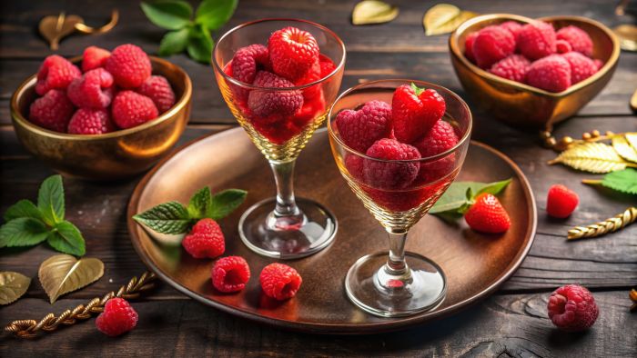Champagne sorbet with a coulis, red fruits and champagne in a glass