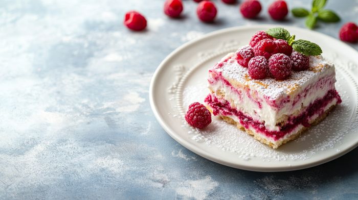 Raspberry tiramisu on a white plate