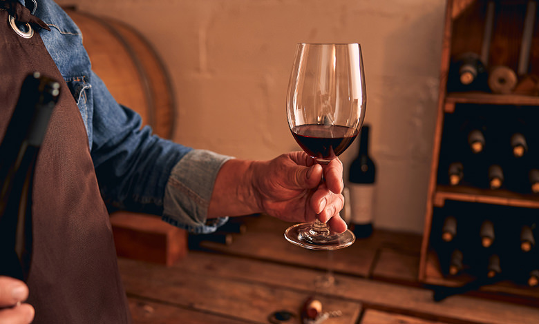 Man holding wine glas of red wine in cellar 