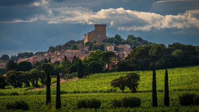 View of the village of chateauneuf de pape and its vines