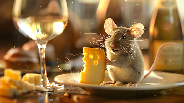 A mouse holding a slice of cheese next to a glass of white wine and a wine bottle in the background