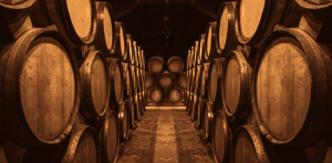 Barrels in a wine cellar