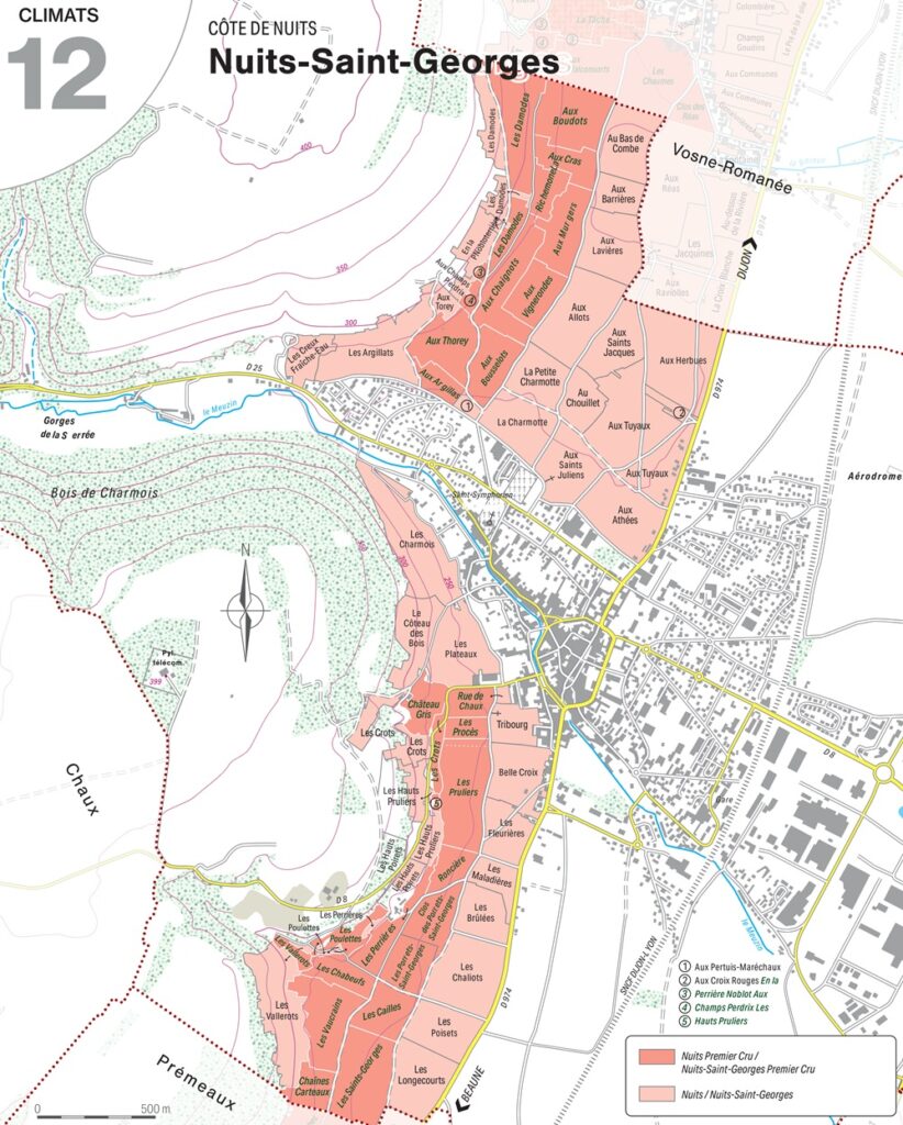 A map of the Nuits Saint-Georges vineyards taken from the book 'Climats et lieux-dits des grands vignobles de Bourgogne'