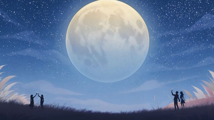 A moon rising in the nights sky over people celebrating with raised wine glasses
