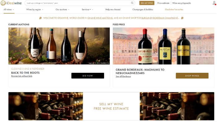 The iDealwine homepage illustrating recoverable VAT