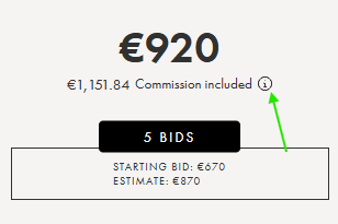The place to click for more information on auction lots. There's a little i after the price with commission included