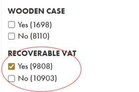 The iDealwine website filter - recoverable VAT