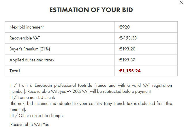 Breakdown of costs for auction lot for delivery outside of the EU with Direct duty paid