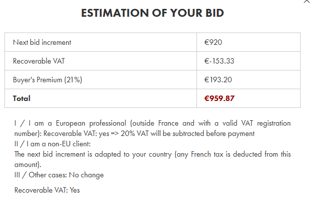 Breakdown of costs for an auction lot for delivery outside of the EU