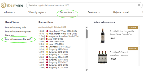 How to find auction lots with deductible VAT. First click 'Our auctions' on the top menu, then 'Lots with recoverable VAT' on the dropdown menu