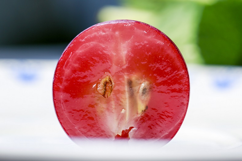 a grape cut in half showing the seeds and the pulp