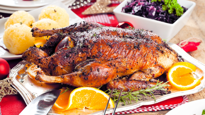 A Martinsgans - a roast goose with red cabbage and dumplings