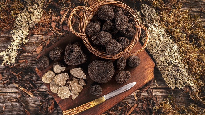 Basket of black truffle besides chopped truffle