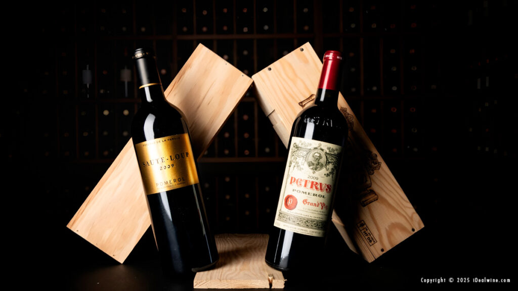 a bottle of Pomerol Saute-Loup and Petrus