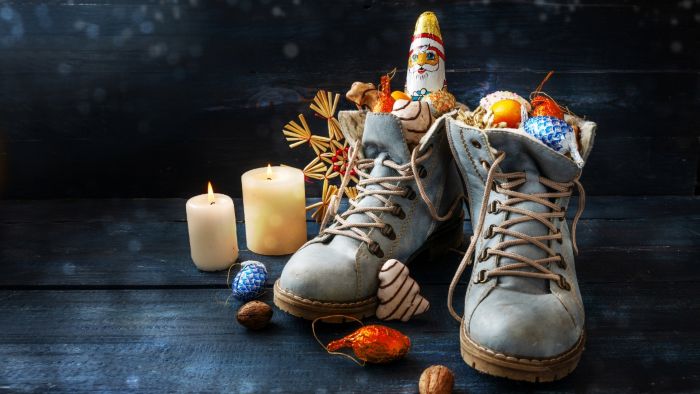boots filled with gifts to illustrate our article about the wine that could pair with the food Nikolaus leaves