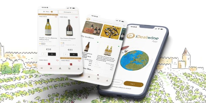 Screenshots of the new iDealwine app with a watercolour painting of Carcassonne in the background