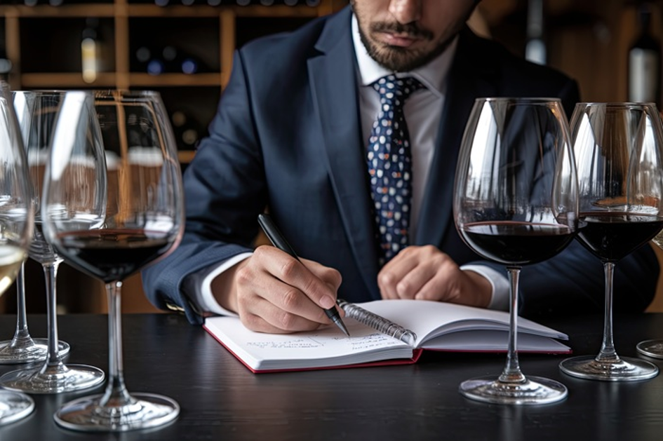 A person taking notes while wine tasting